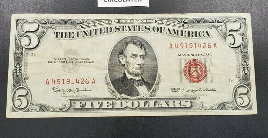 1963 $5 Five Dollar United States Red Seal Note VF VERY NEAT Serial # Banknote