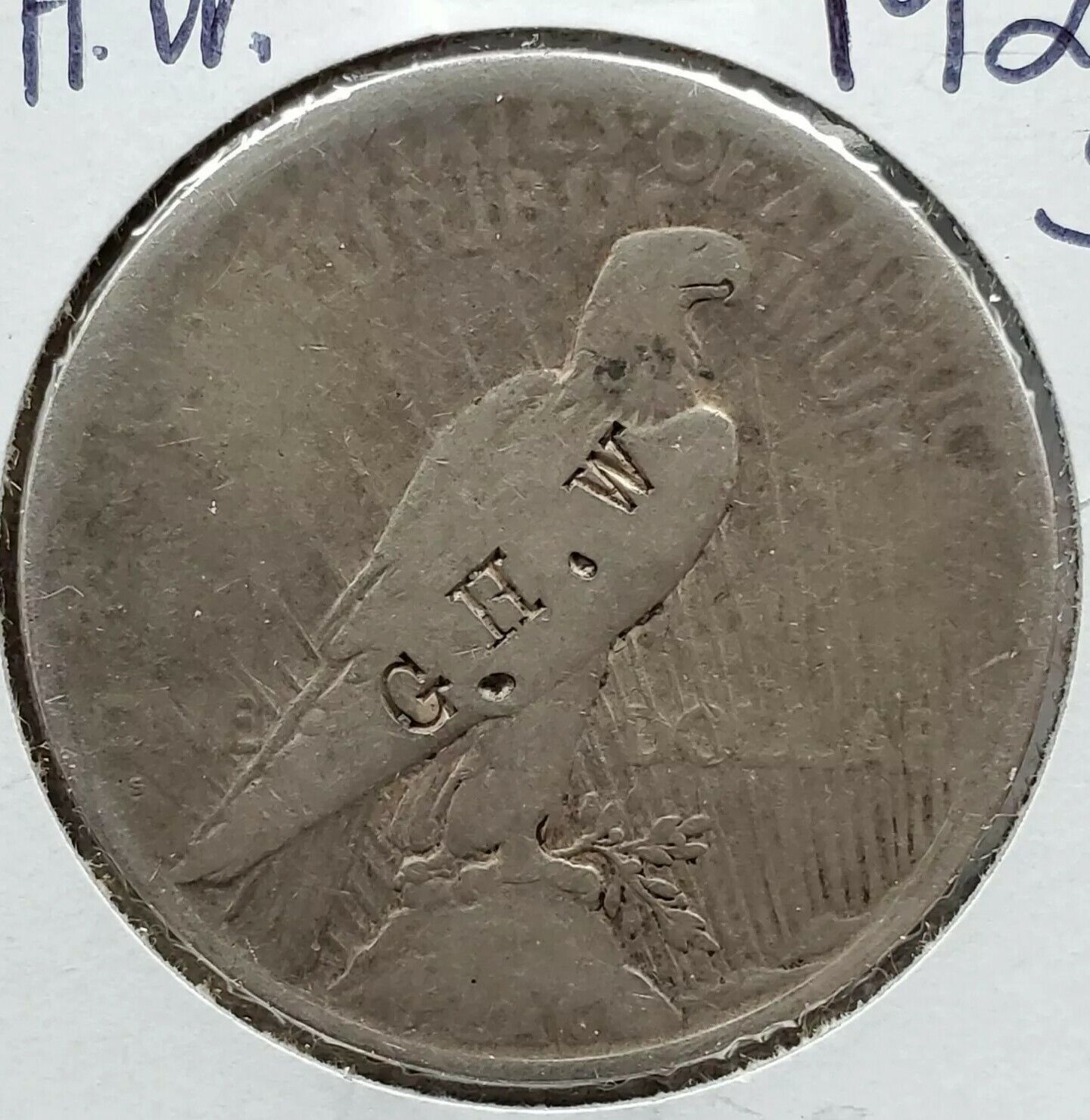 1926 S $1 Peace Silver Eagle Dollar Coin COUNTER STAMPED G. H. W. CIRCULATED