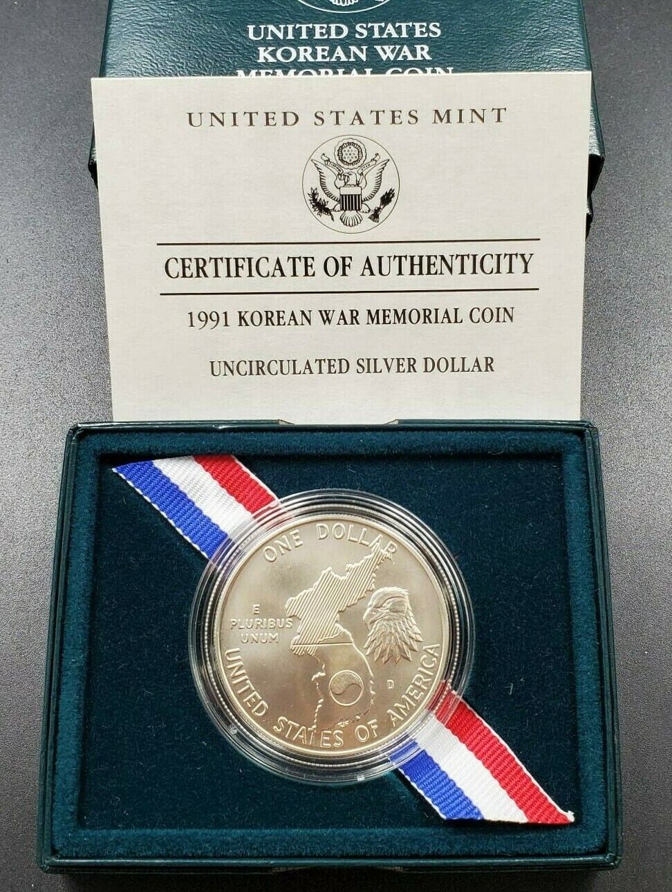 1991 D KOREAN WAR MEMORIAL BU Silver $1 Dollar Commemorative Coin OGP Box COA
