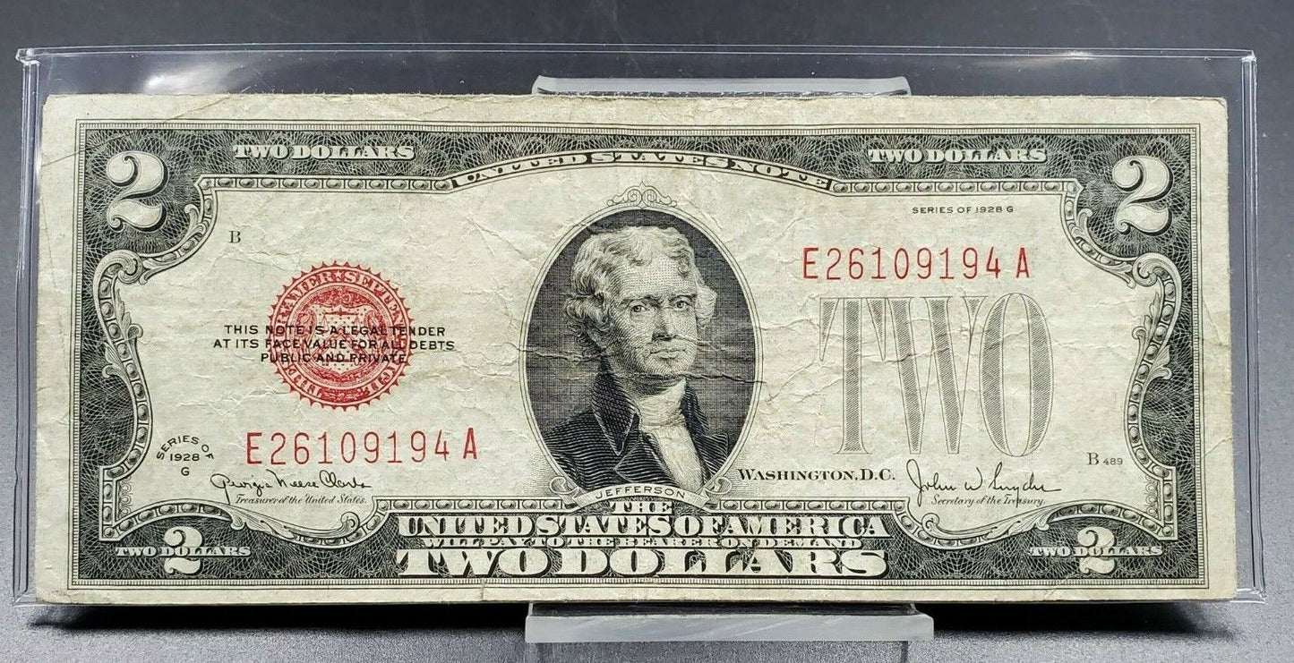 1928 G $2 Red Seal United States Note Bill Legal Tender Fine VG CIRC CURRENCY US