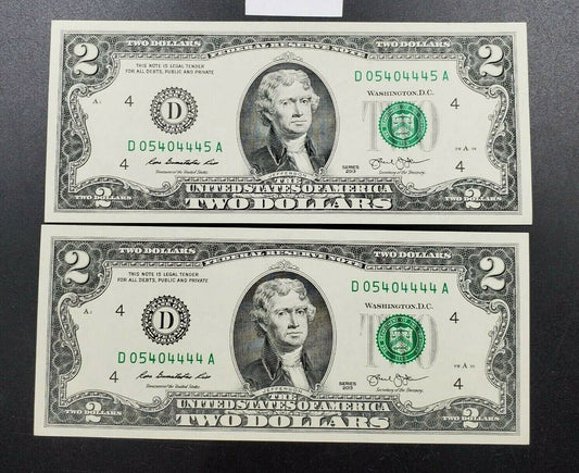 2 CONSECUTIVE 2013 $2 FRN FEDERAL RESERVE NOTE CH UNC TRIPLE REPEAT SERIAL #