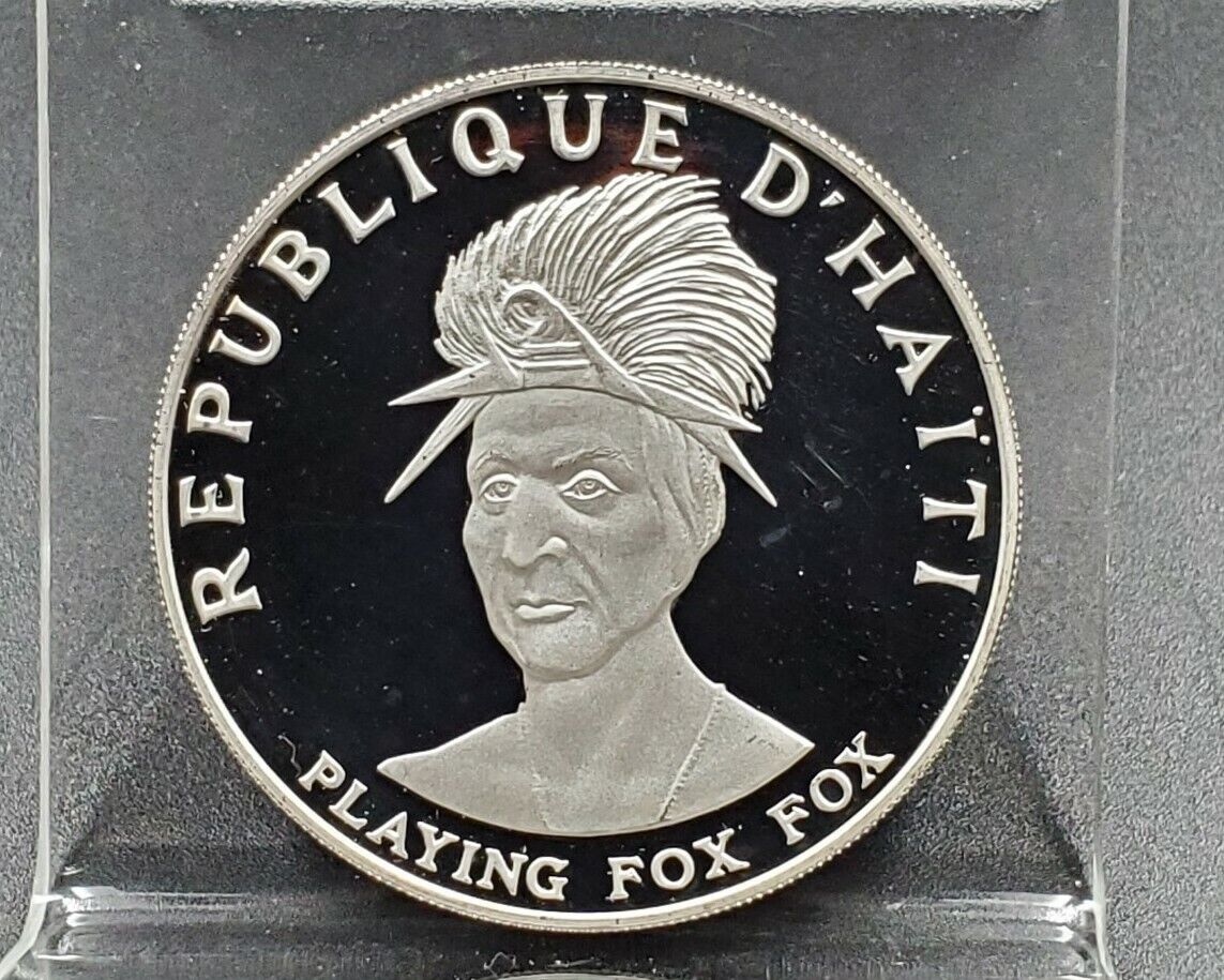 1971 HAITI 10 GOURDES PROOF SILVER COIN  INDIAN PLAYING FOX CHIEF CROWN