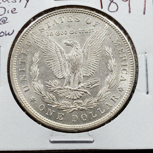 1897 P Morgan 90% Silver Eagle Dollar Coin AVG UNC Struck with Rusty Die REV VAM