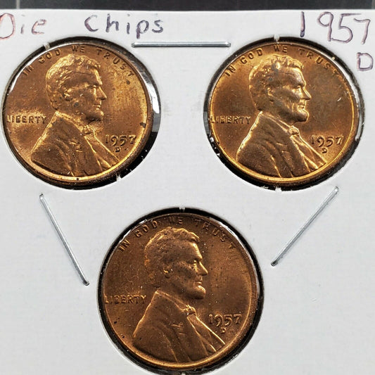 1957 D 1C Lincoln Cent Variety Trio Pack Die Chips AU / UNC 3 coins