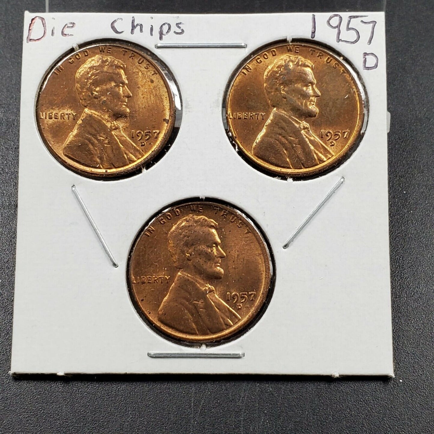 1957 D 1C Lincoln Cent Variety Trio Pack Die Chips AU / UNC 3 coins
