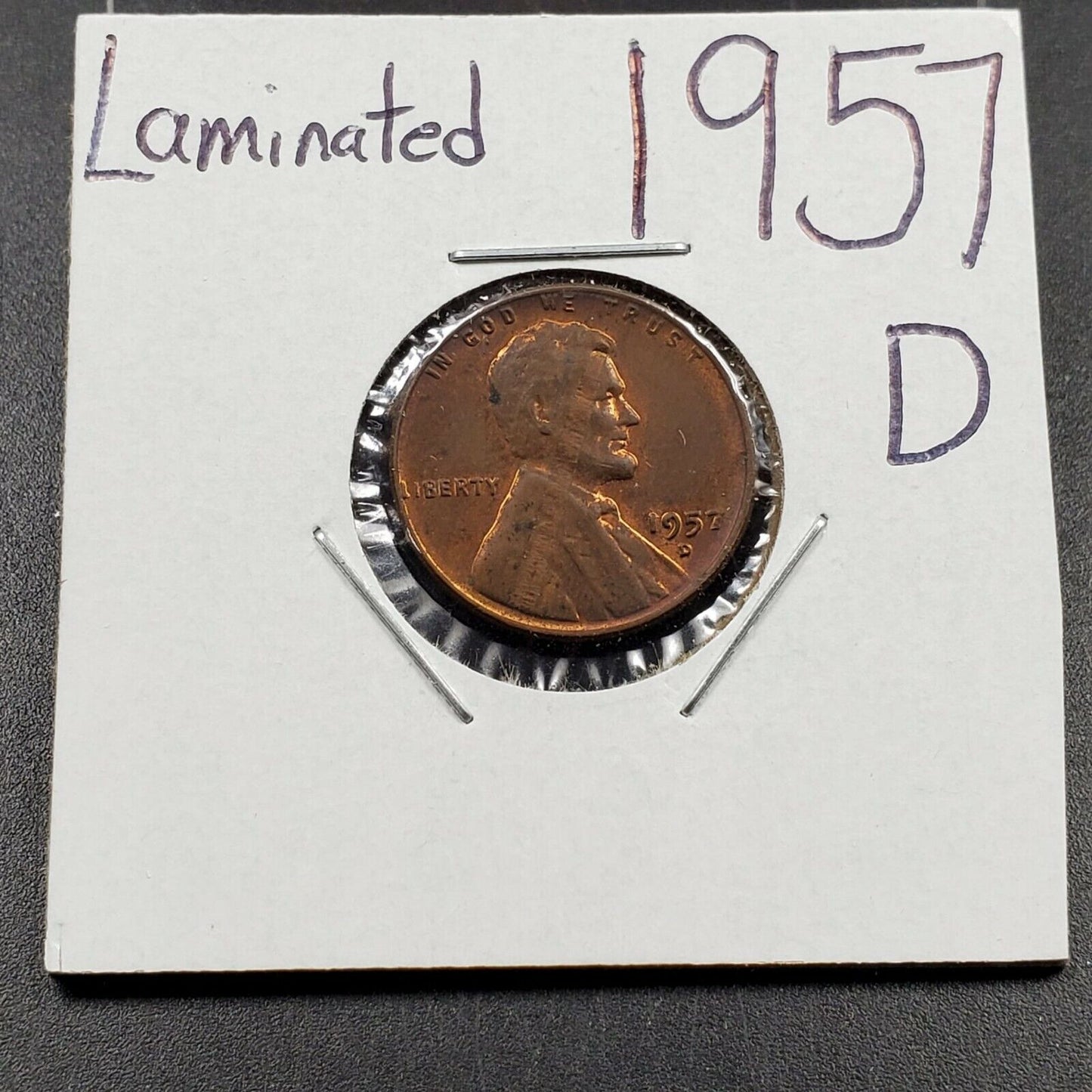 1957 D 1c Lincoln Wheat Cent Error Coin Major Laminated Planchet AU