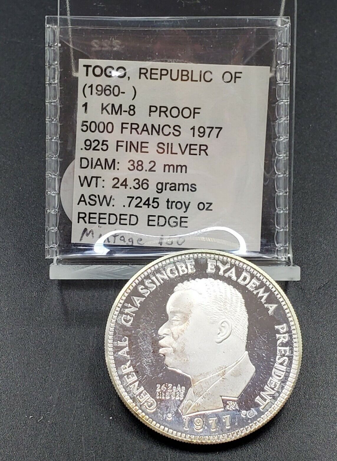 1977 TOGO Republic 5000 FRANCS Choice / Gem SILVER Proof MINTAGE 150 VERY LOW