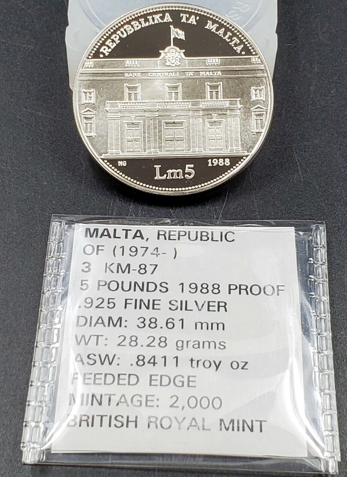 Malta 1988 Silver Coin Proof Lm5 20th Anniversary Central Bank PIEDFORD 2K MADE