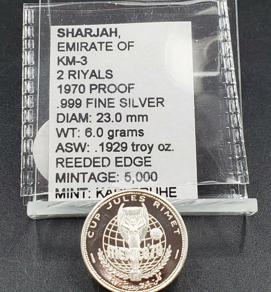 1970 Sharjah 2 Riyals Mexico Cup Jules Rimet Proof Silver Coin