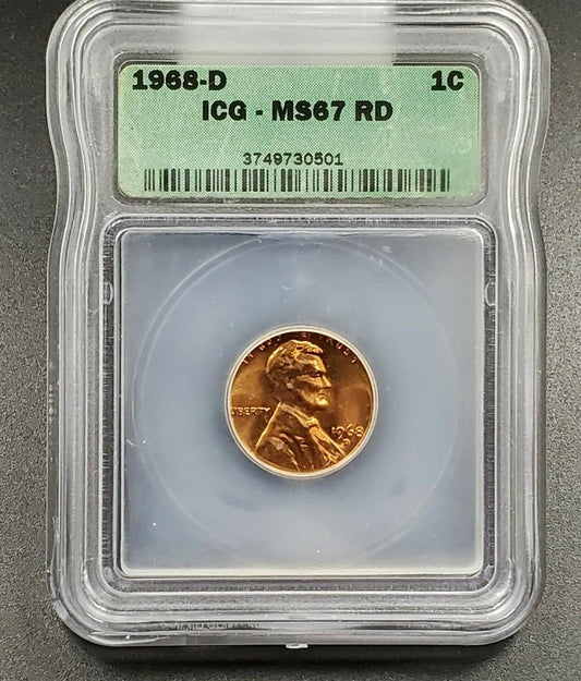 1968 D Lincoln Memorial Cent Penny Coin Vintage Retro ICG MS67 RD Red GEM BU