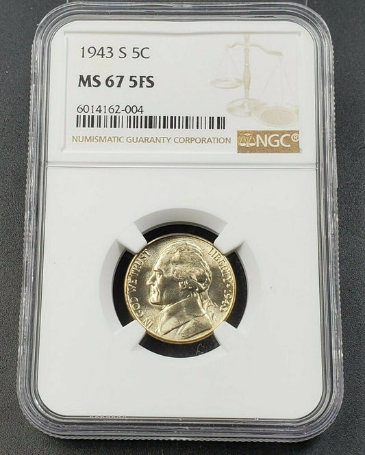 1943 S Jefferson Nickel Coin NGC MS67 5FS 5 FULL STEPS WW2 ERA TYPE 2 SILVER