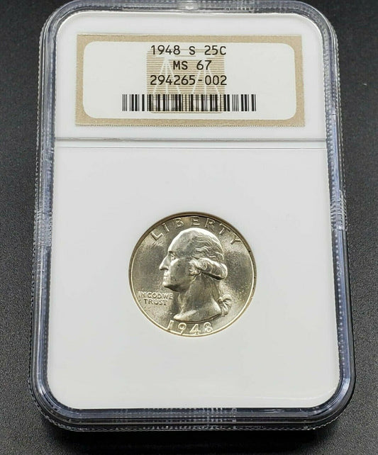 1948 S 25C Washington Quarter Coin NGC MS67 GEM BU Brown ANA Label holder