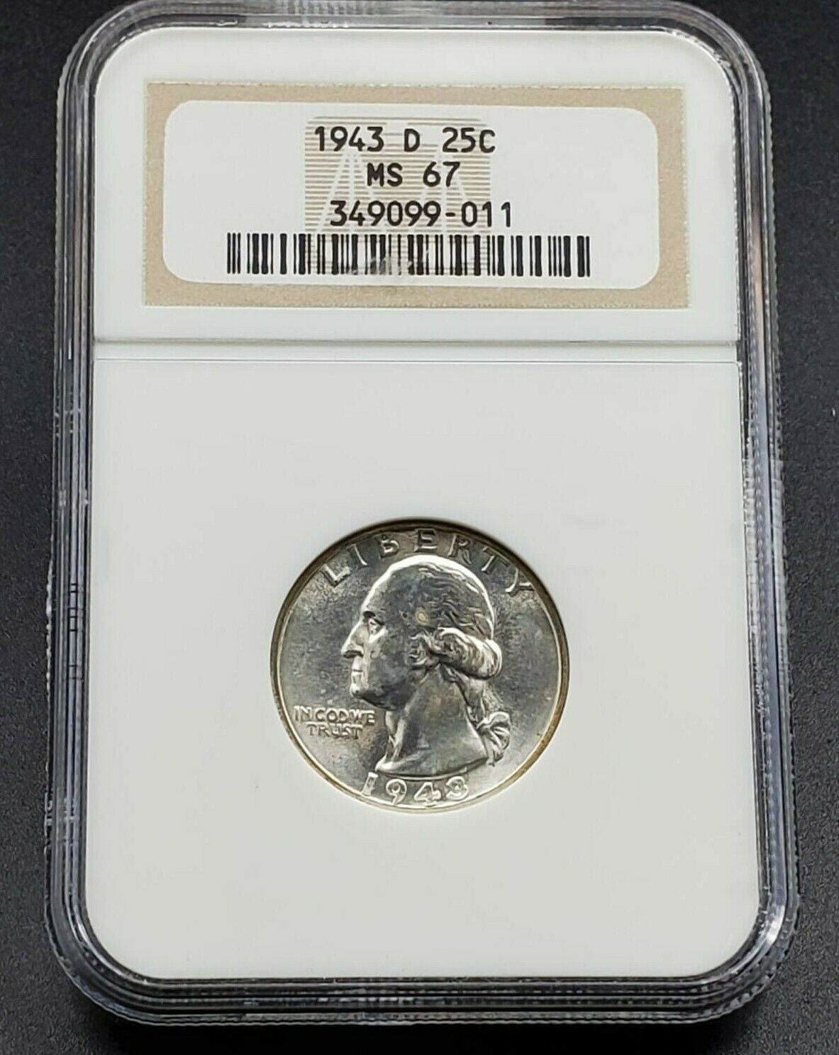 1943 D 25C Washington Quarter WW2 Coin NGC MS67 OFH Old Fat Holder Light Toner