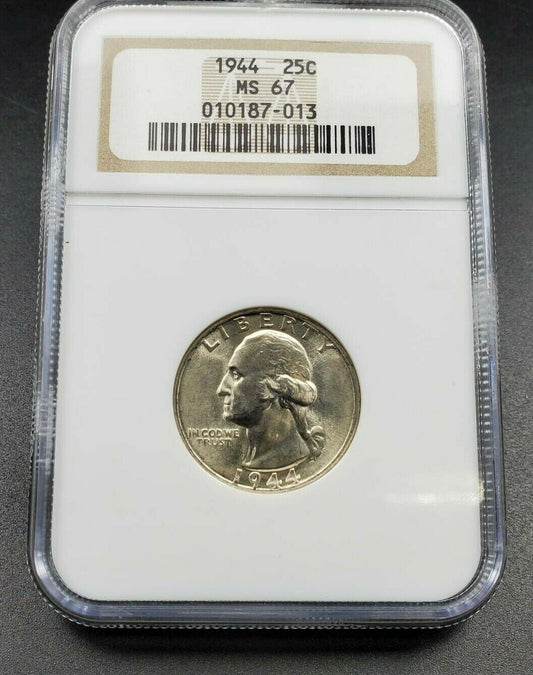 1944 P 25C Washington Quarter WW2 Silver Coin NGC MS67 GEM BU Unc Brown label