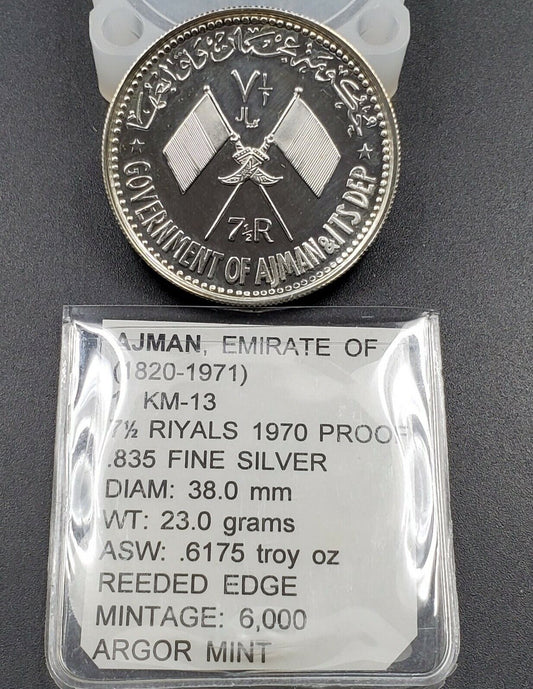 UAE AJMAN 7 1/2 RIYALS 1970 NASSER SILVER COMMEMORATIVE KM-13 Choice PROOF