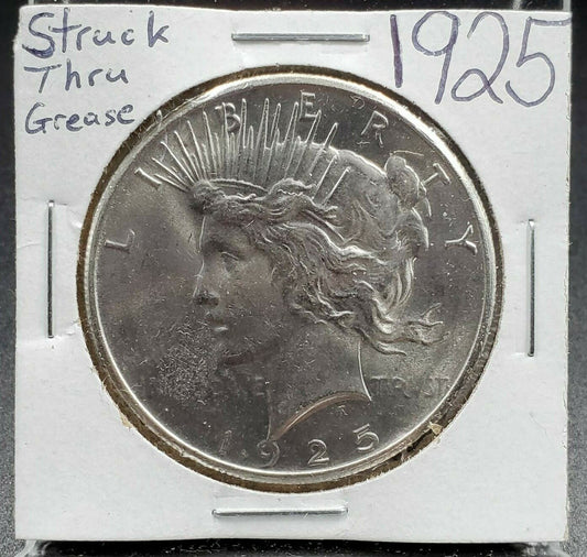 1925 P $1 CH BU Peace Dollar Error Struck Thru Through Grease MISSING MOTTO LTRS