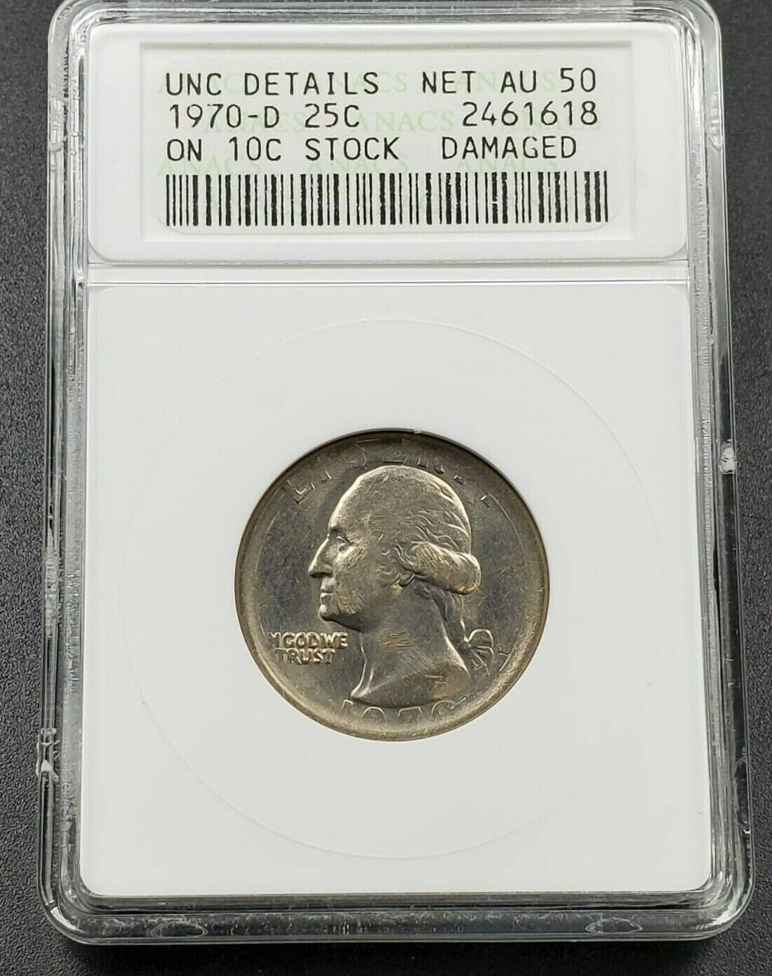 Large Error on 10c Stock 1970 D Washington Quarter ANACS Unc Details Nice Coin