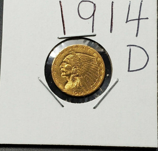 1914 D $2.5 Indian Head Gold Quarter Eagle US TYPE Gold Coin Choice XF / AU