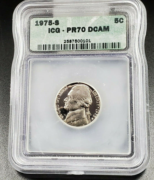 1975 S Jefferson Nickel Coin Vintage ICG PR70 DCAM Deep Cameo Gem Cameo Proof