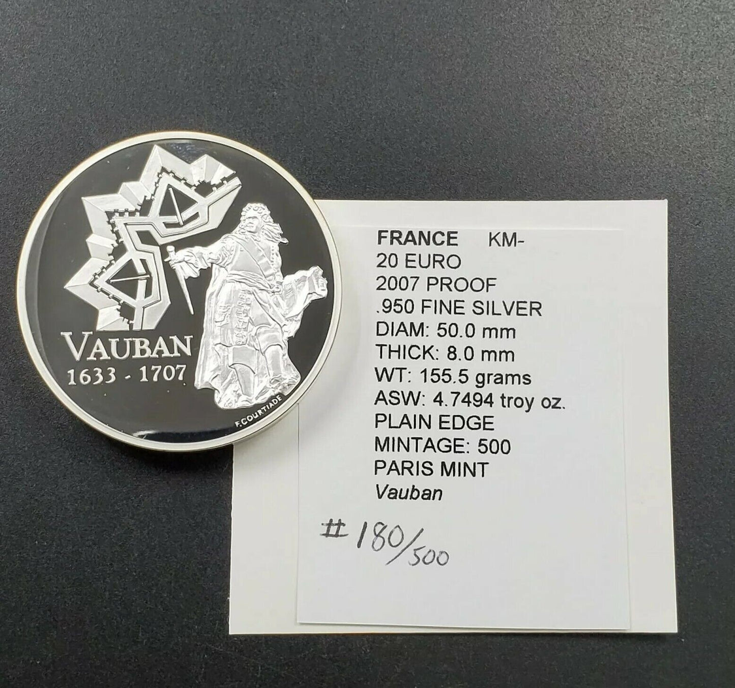 France 20 Euro 2007 Silver 4.7oz Coin Sebastien Le Prestre de Vauban 300th Death