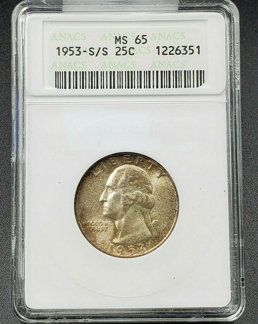 1953 S S/S 25c Washington Quarter Coin Variety MS65 RPM 001 ANACS Neat Toning