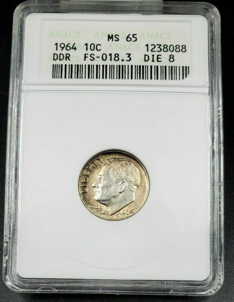 1964 P Roosevelt Silver Dime Variety ANACS MS65 DDR FS-018.3 Die 8 FS-802 Top PP