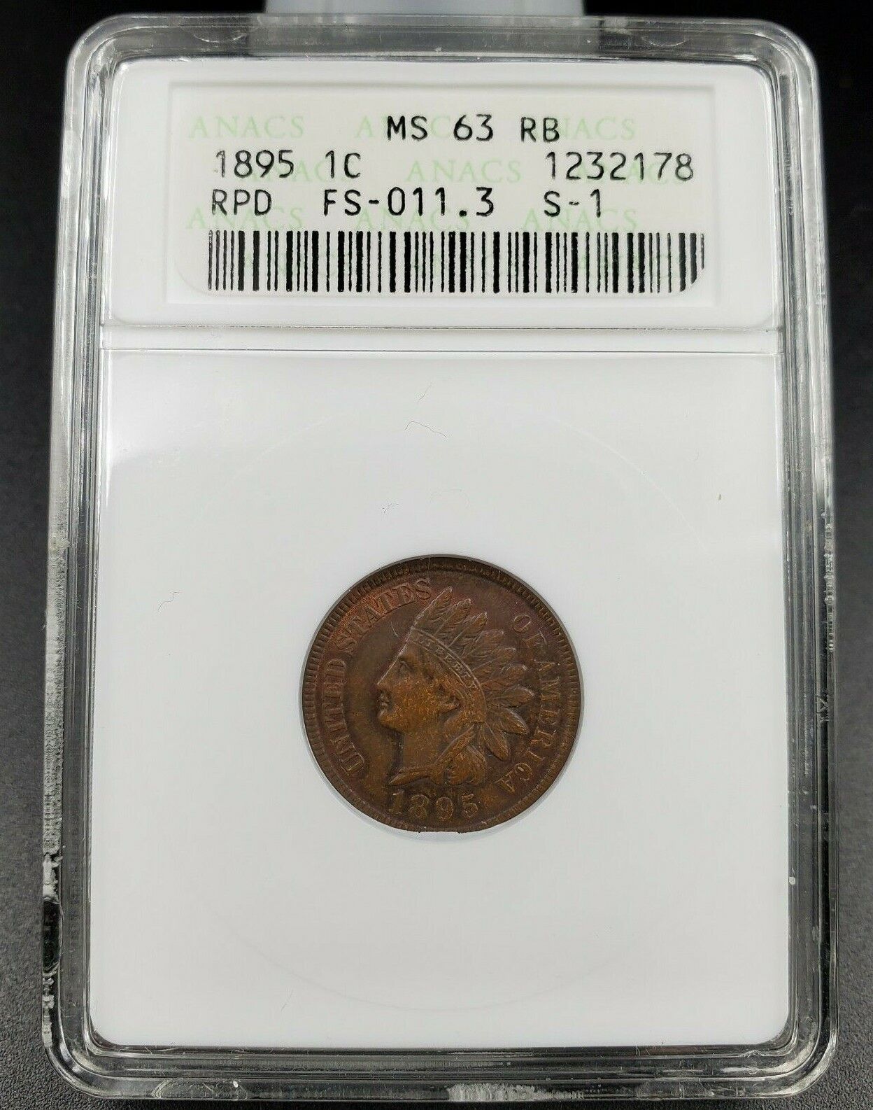 1895 Indian Cent Penny Error ANACS MS63 RB FS-011.3 FS-301 RPD BUSINESS STRIKE