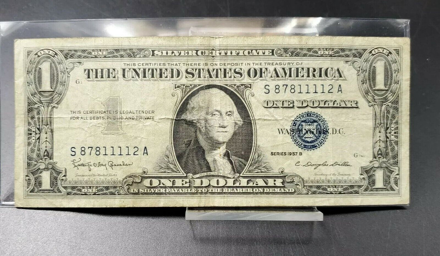 1957 B $1 Silver Certificate US Blue Seal Note Bill circ quad repeat serial #