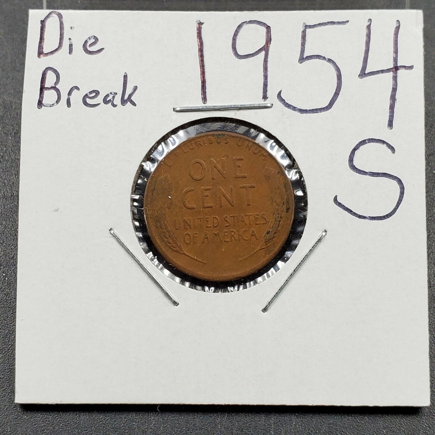 1954 S Lincoln Wheat Cent Penny Variety Die Break on Wheat Ear REVERSE