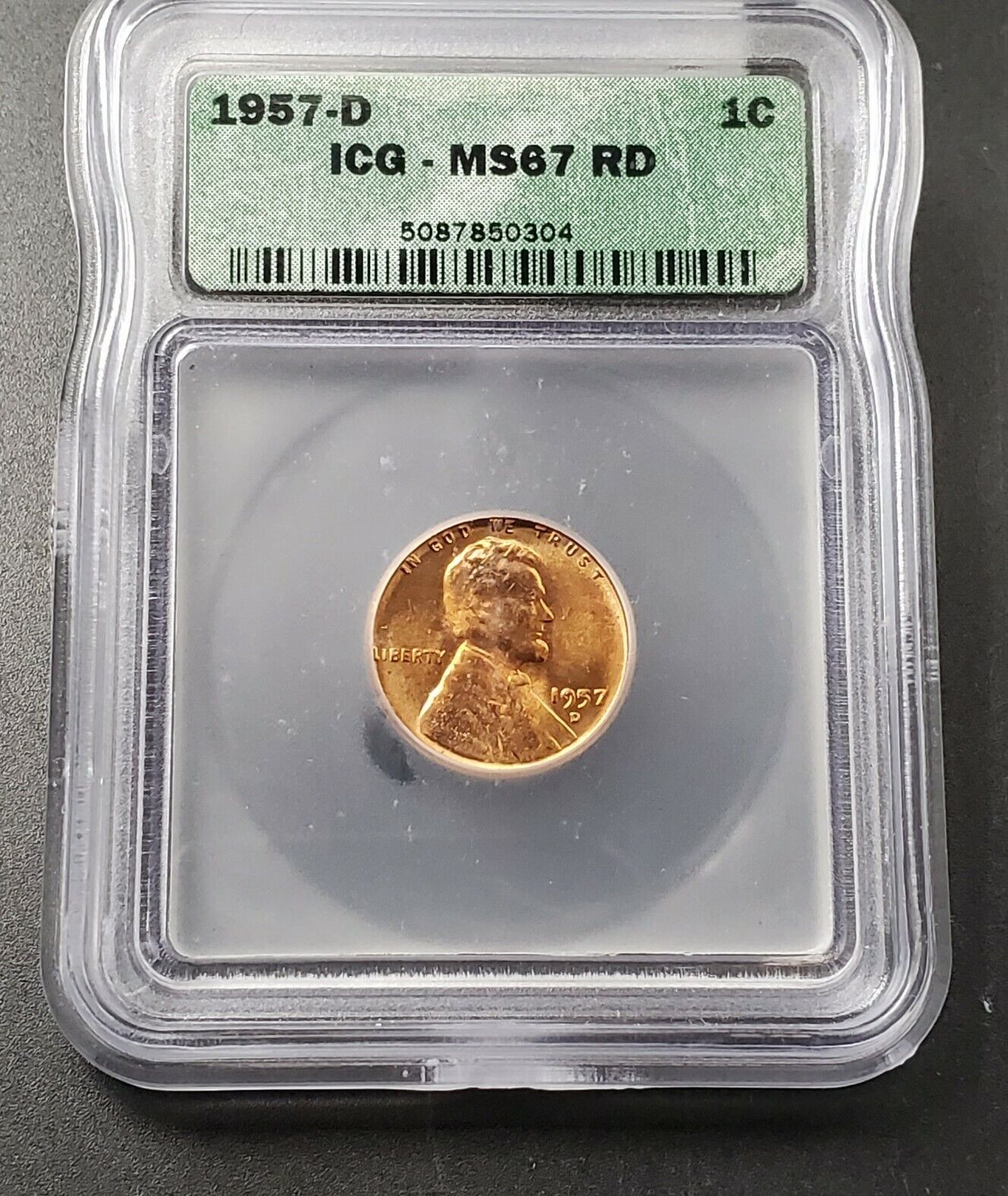 1957 D Lincoln Wheat Cent Penny Coin ICG MS67 RED RD Die Chips @ Date Variety