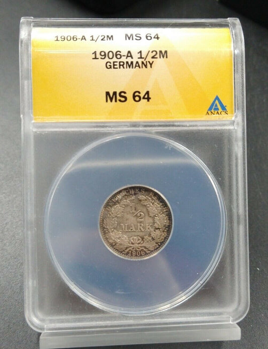 Germany 1906-A 1/2 Half Mark Silver Coin CH BU ANACS MS64 Nice Toning Toner