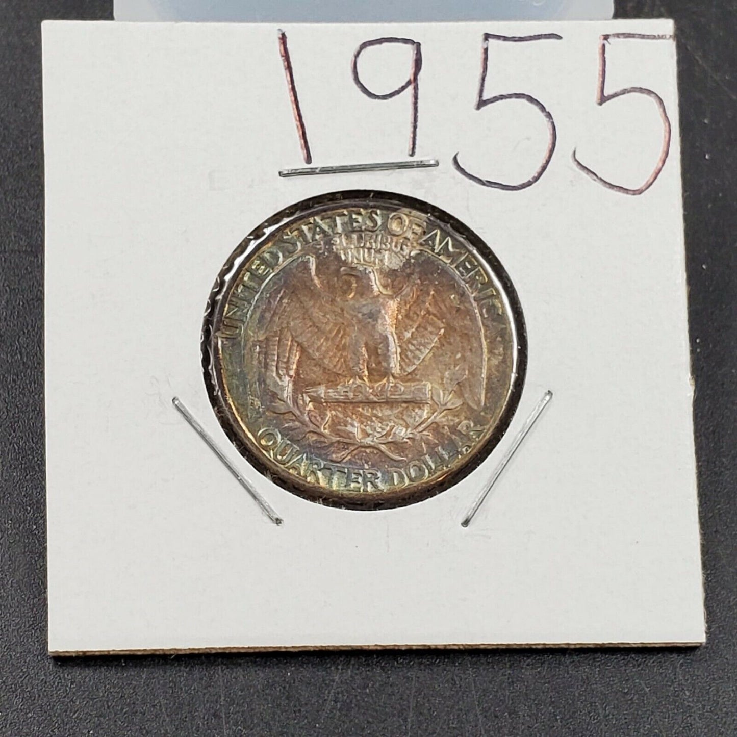 1955 P Washington Silver Quarter Coin XF / AU CIRC PQ RAINBOW TONING REVERSE