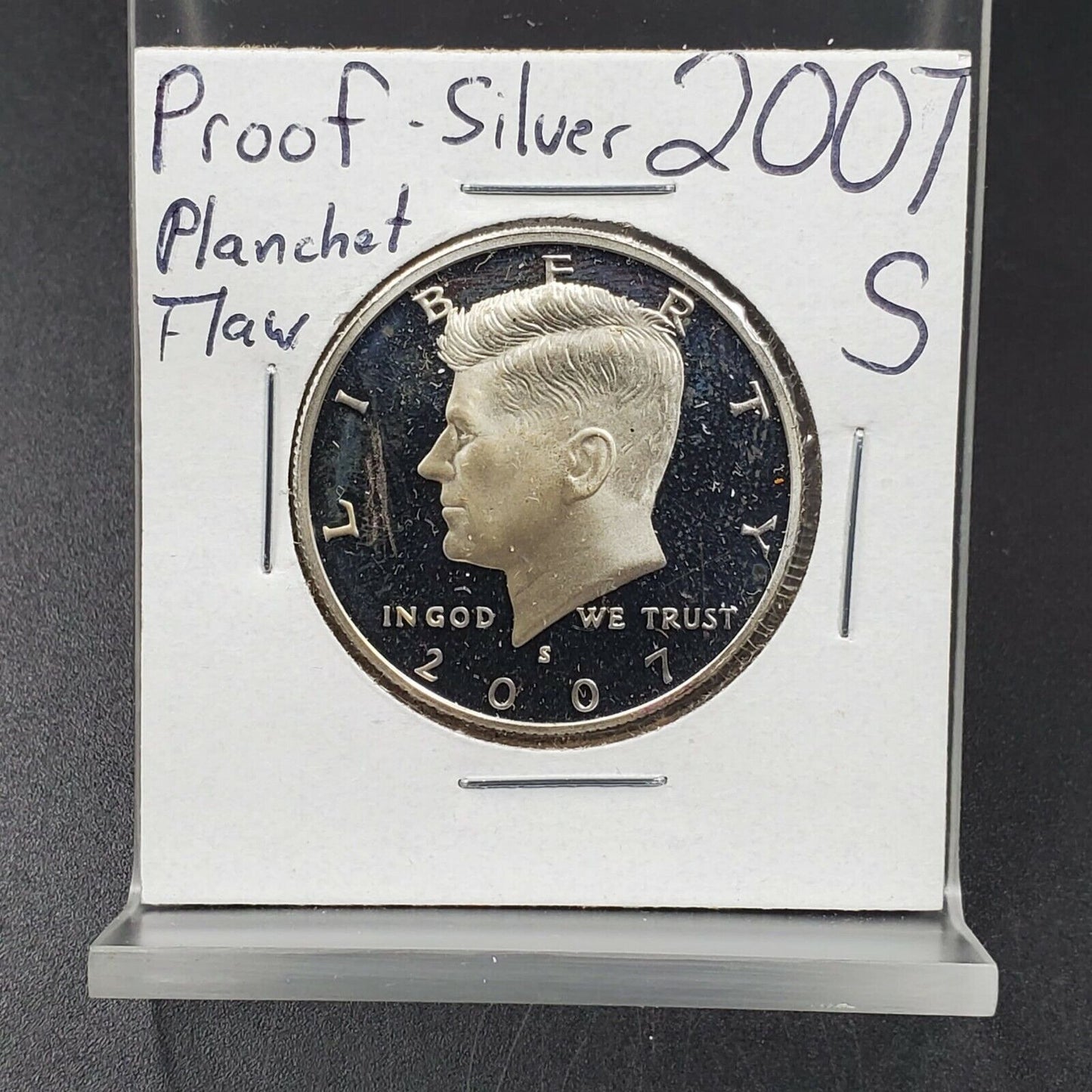 2007 S Silver Kennedy Half Dollar Coin Laminated String Planchet Flaw Obverse