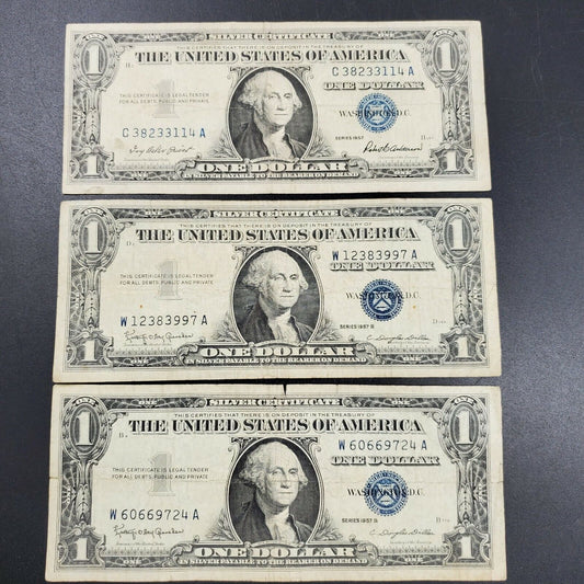 Lot of 3 1957 $1 Silver Certificate US Note Bill NEAT SERIAL #s Numbers circ