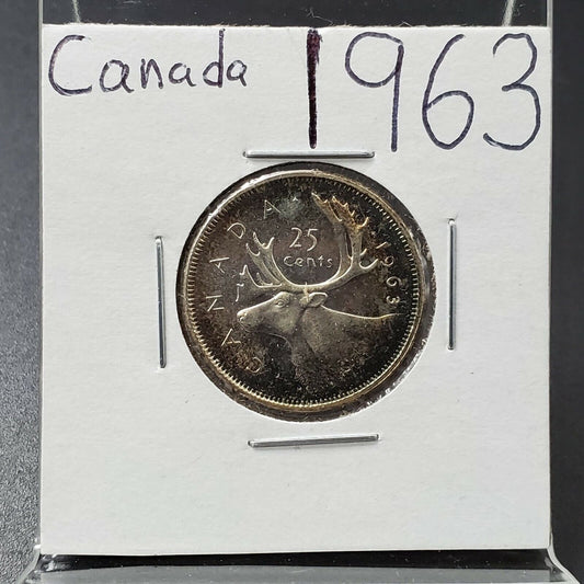 1963 CANADA SILVER 25 CENTS CH BU UNC PQ Neat Toning Toner