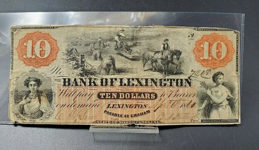 $10 1859 North Carolina Bank of Lexington Serial Number Wheat Field VG Circulate
