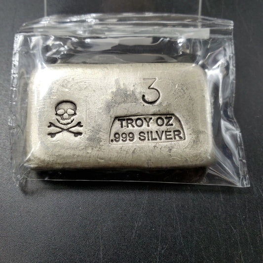 Prospector 3 TROY OZ .999 FINE SILVER Antique Poured Silver Bar Skull Crossbones