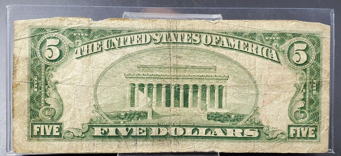 1934 C $5 Silver Certificate Blue Seal Very Neat Serial Number Circulated