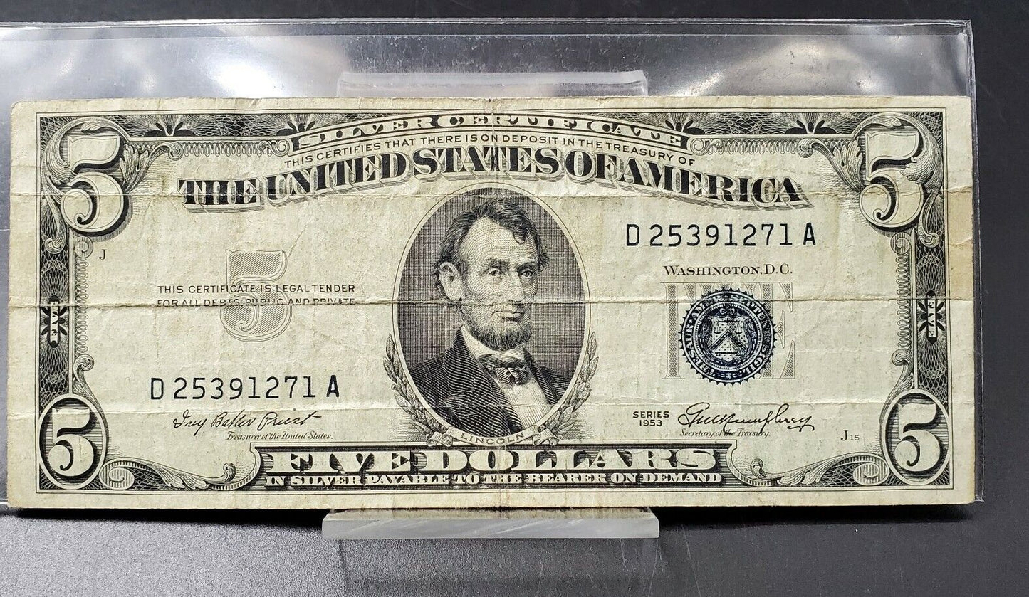 1953 $5 Silver Certificate Blue Seal US Currency Bill FINE F CIRC Neat Serial #