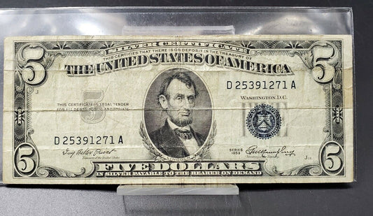 1953 $5 Silver Certificate Blue Seal US Currency Bill FINE F CIRC Neat Serial #