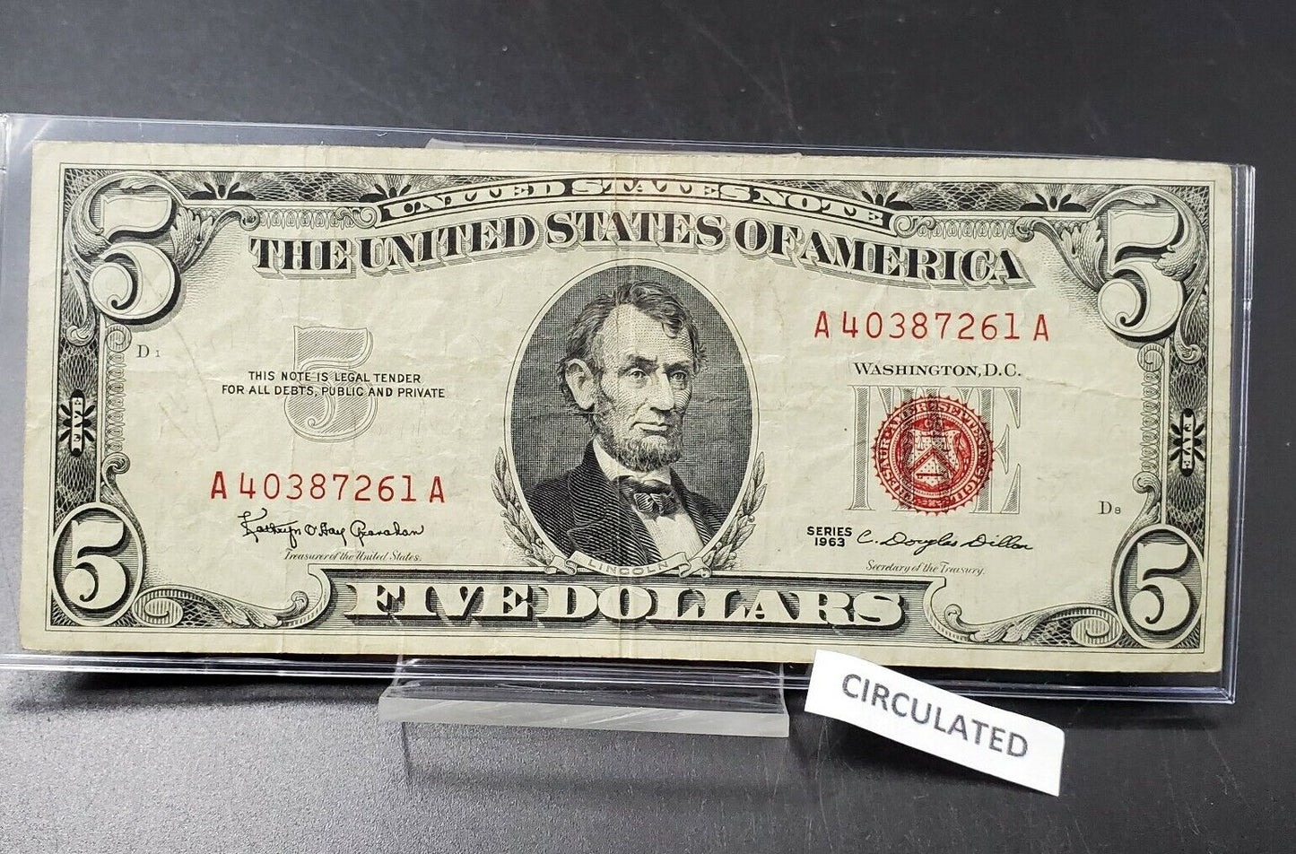 1963 $5 Five Dollar United States Red Seal Note CIRC LEGAL TENDER Banknote 2