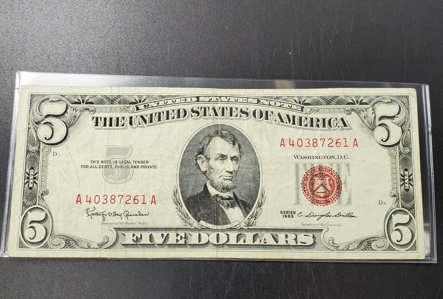 1963 $5 Five Dollar United States Red Seal Note CIRC LEGAL TENDER Banknote 2