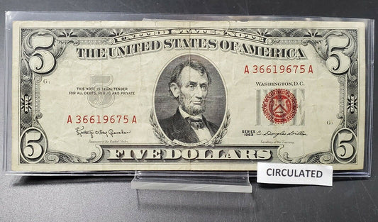 1963 $5 Five Dollar United States Red Seal Note CIRC LEGAL TENDER Banknote