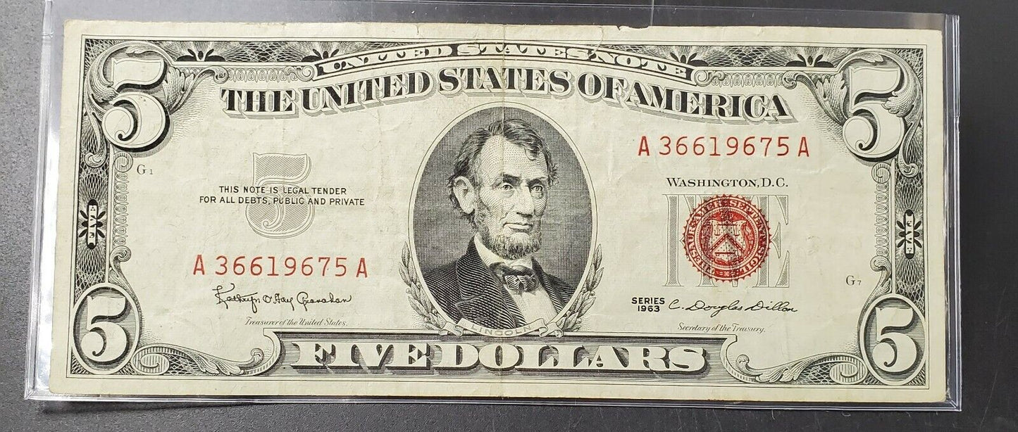 1963 $5 Five Dollar United States Red Seal Note CIRC LEGAL TENDER Banknote