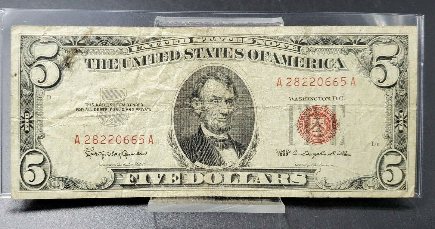 1963 $5 Five Dollar United States Red Seal Note Double Repeat Serial #