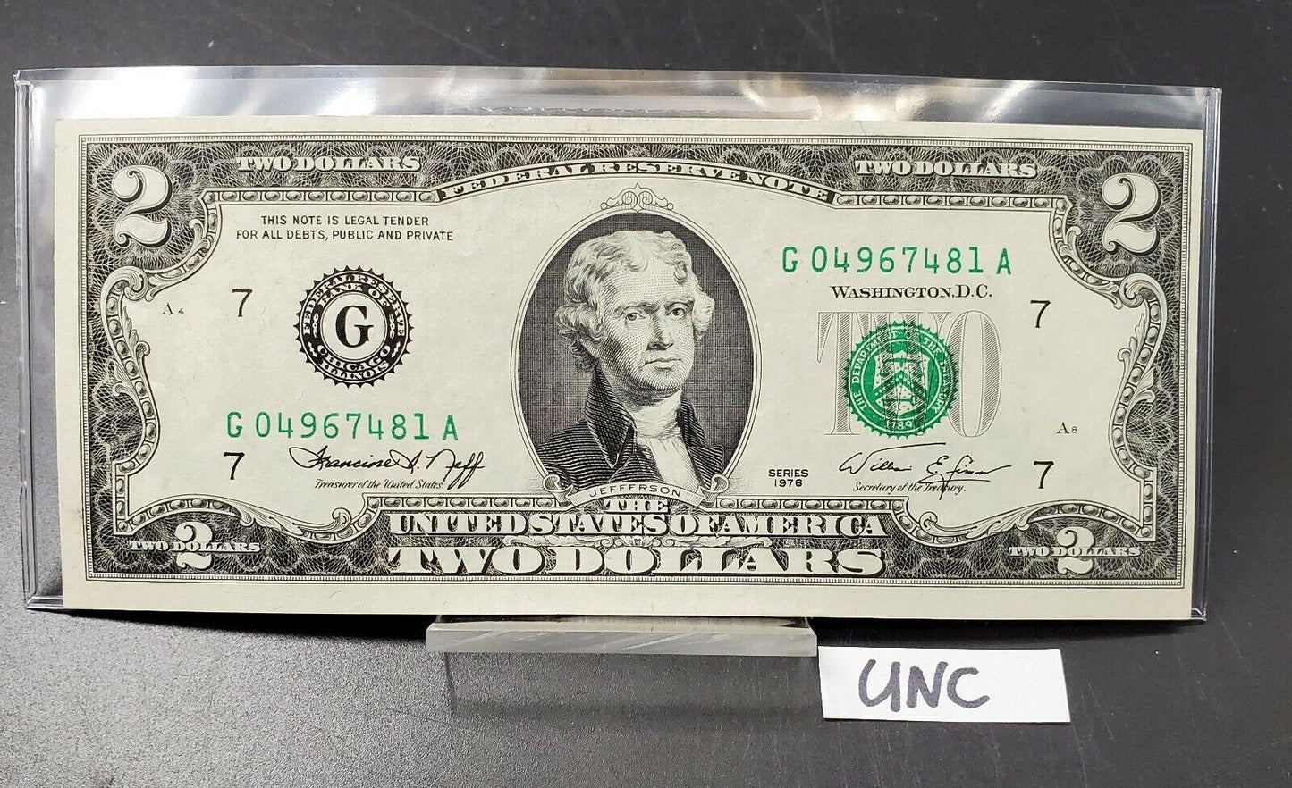 1976 $2 FRN Federal Reserve NOTE Green Seal BICENTENNIAL CH UNC