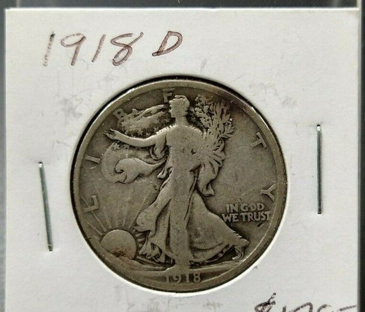 1918 D Walking Liberty Silver Eagle Half Dollar Coin Choice VG Very Good / Fine