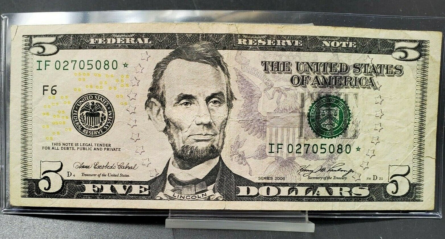 2006 $5 FRN Federal Reserve Star * Note Circulated US Currency Bill Neat Serial