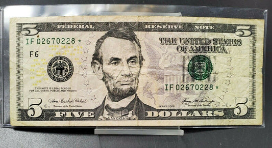 2006 $5 FRN Federal Reserve Star * Note Circulated US Currency Bill Neat Serial#