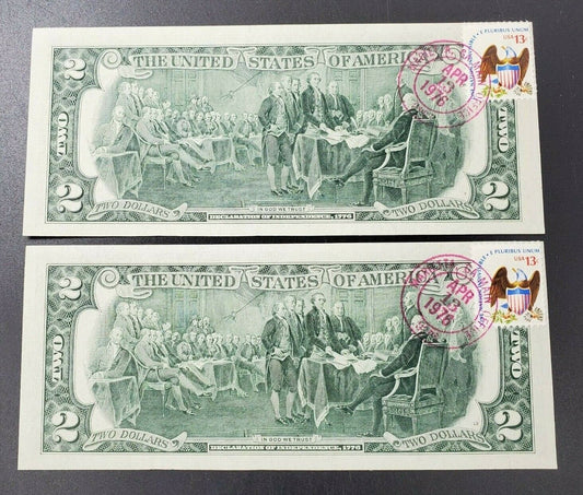 2 CONSECUTIVE 1976 $2 FRN POSTAL NOTE MARIETTA GA  APRIL 13 CH UNC BICENTENNIAL